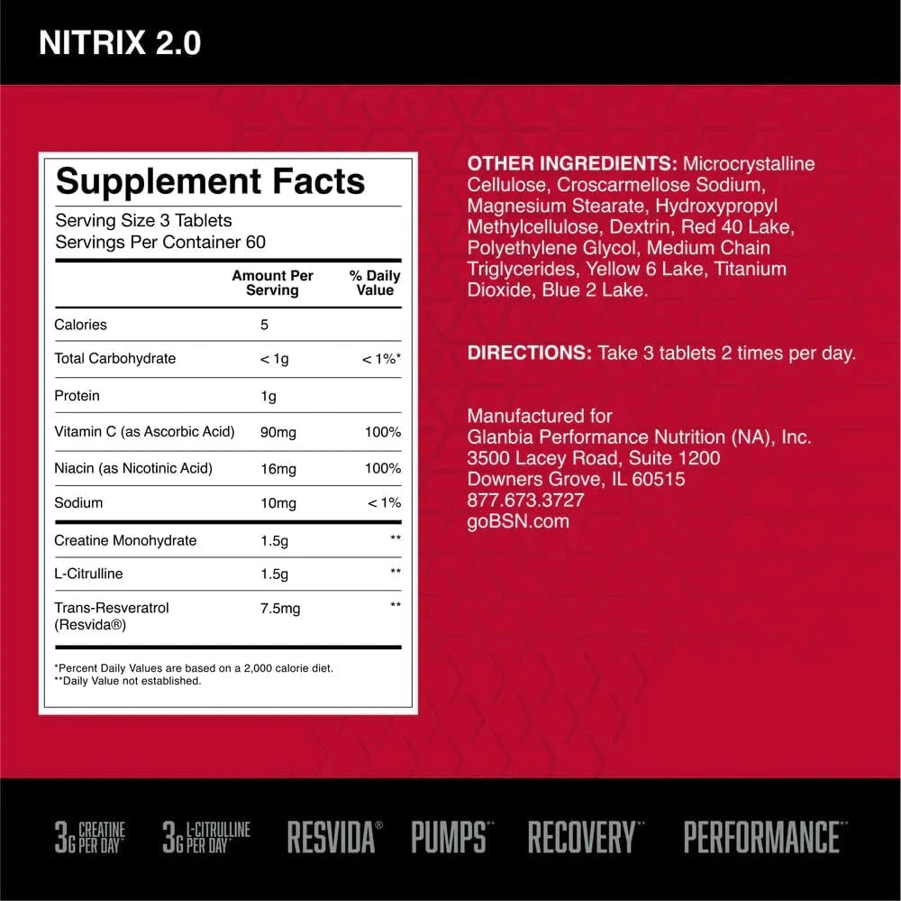 Nitrix 2.0 Nitric Oxide Workout Supplement, 180 Tablets | Supports Pumps, Performance and Muscle Recovery with 3G Creatine and 3G L-Citrulline Nitric Oxide Formula