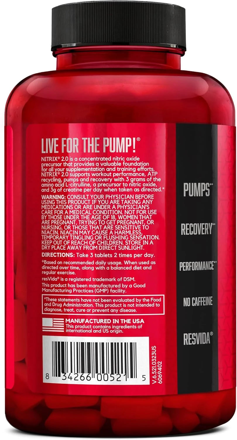 Nitrix 2.0 Nitric Oxide Workout Supplement, 180 Tablets | Supports Pumps, Performance and Muscle Recovery with 3G Creatine and 3G L-Citrulline Nitric Oxide Formula