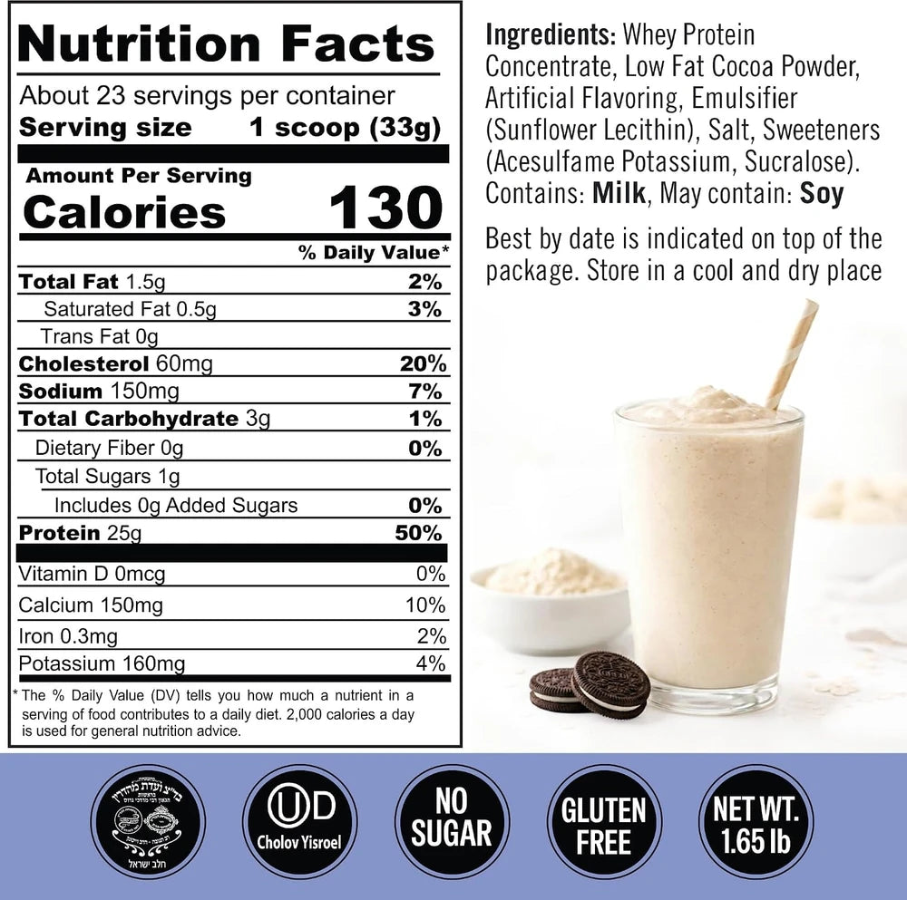 Tnuva Kosher Whey Protein Shake Powder Cookies & Cream, 25G Protein | Cholov Yisroel Kosher, Gluten Free, No Added Sugar, Essential Amino Acids for Recovery, 1.65 Lbs, 23 Servings, Smooth Mixing