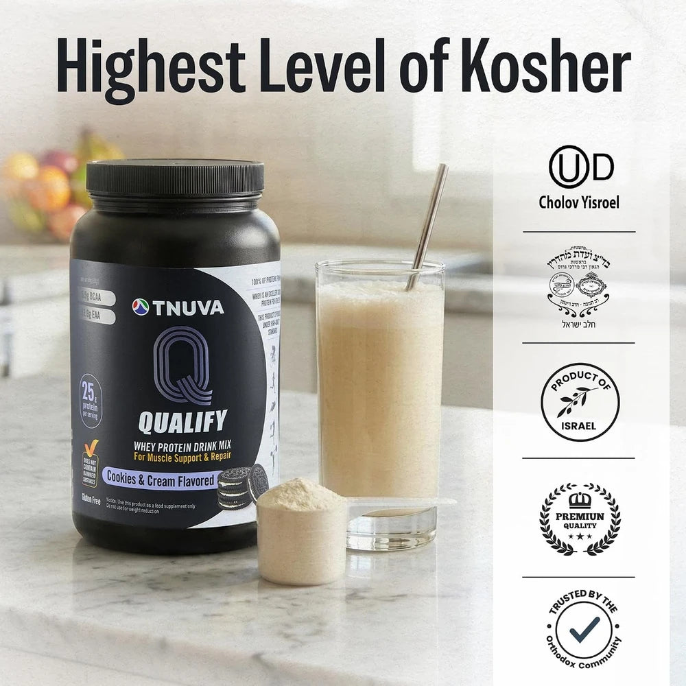 Tnuva Kosher Whey Protein Shake Powder Cookies & Cream, 25G Protein | Cholov Yisroel Kosher, Gluten Free, No Added Sugar, Essential Amino Acids for Recovery, 1.65 Lbs, 23 Servings, Smooth Mixing