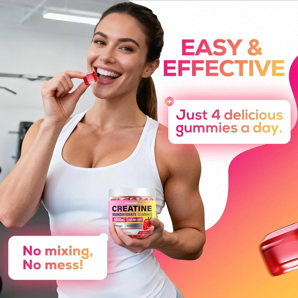 Creatine Gummies for Women 5000Mg, Complex + Collagen + Bcaas | 120 Ct Sugar Free Creatine for Women, Pre Workout Creatine Monohydrate, Gomitas De Creatina Para Mujer, Strawberry Flavor
