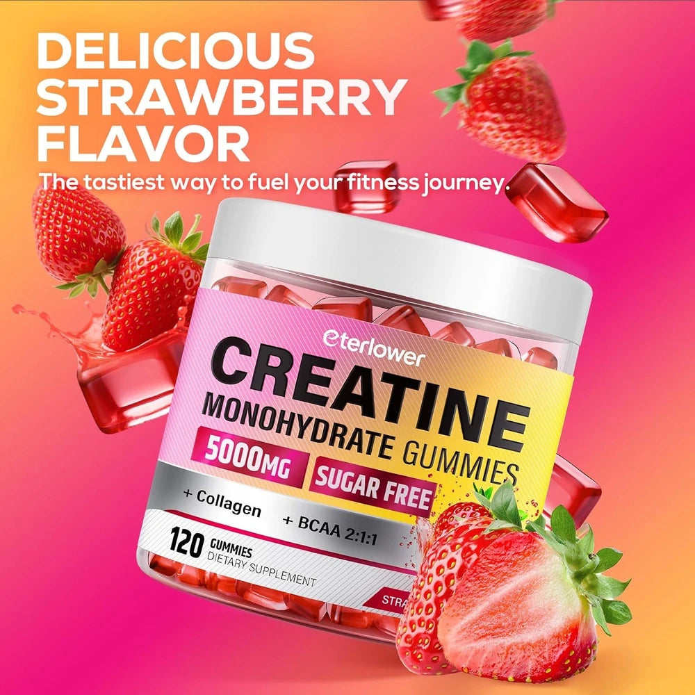 Creatine Gummies for Women 5000Mg, Complex + Collagen + Bcaas | 120 Ct Sugar Free Creatine for Women, Pre Workout Creatine Monohydrate, Gomitas De Creatina Para Mujer, Strawberry Flavor