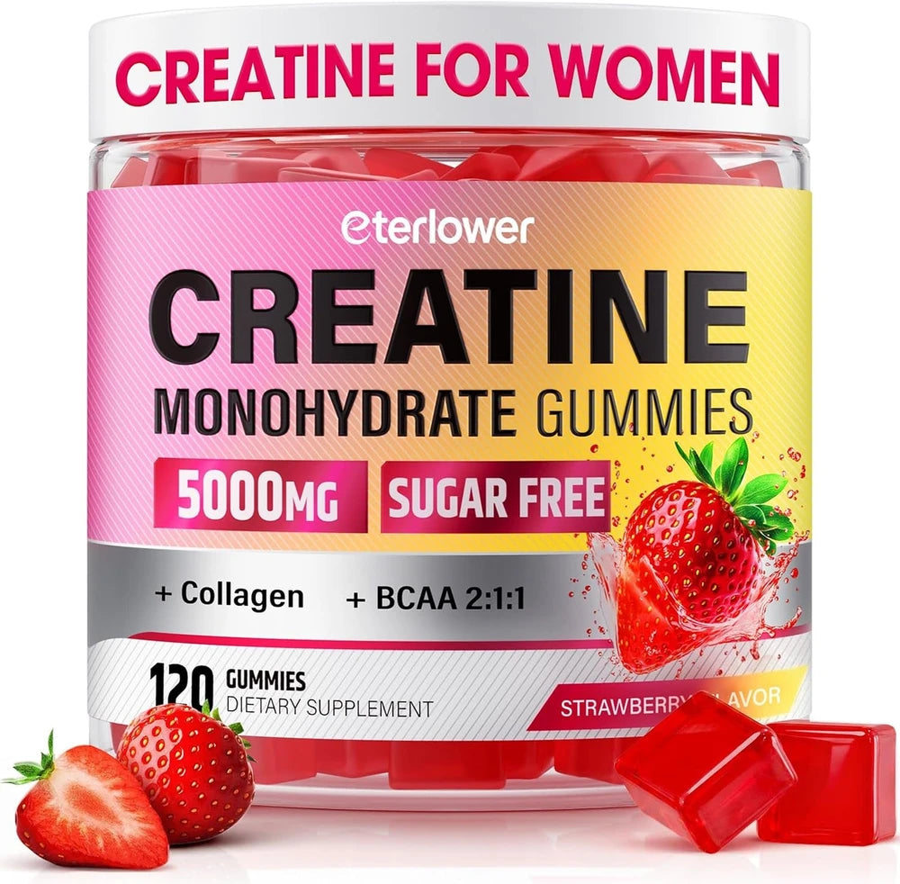 Creatine Gummies for Women 5000Mg, Complex + Collagen + Bcaas | 120 Ct Sugar Free Creatine for Women, Pre Workout Creatine Monohydrate, Gomitas De Creatina Para Mujer, Strawberry Flavor