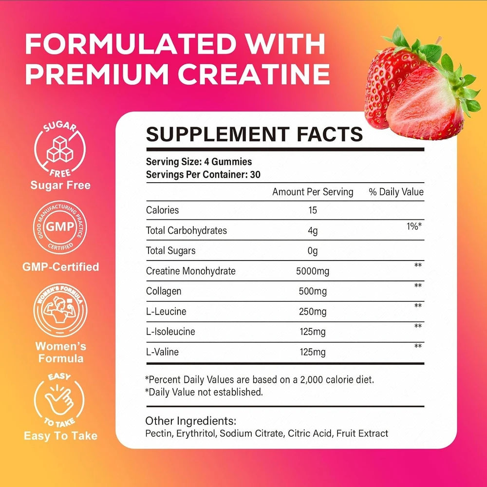 Creatine Gummies for Women 5000Mg, Complex + Collagen + Bcaas | 120 Ct Sugar Free Creatine for Women, Pre Workout Creatine Monohydrate, Gomitas De Creatina Para Mujer, Strawberry Flavor