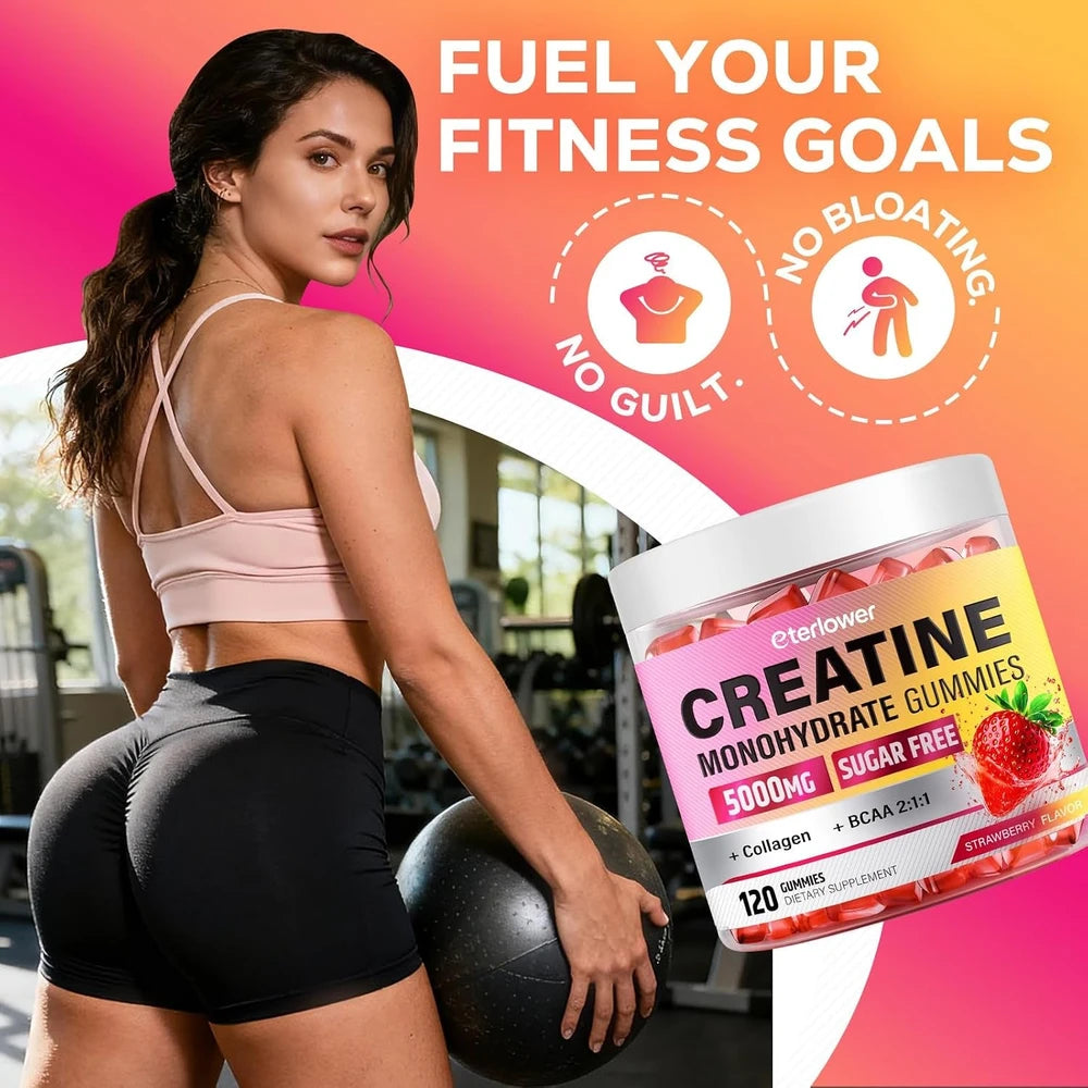 Creatine Gummies for Women 5000Mg, Complex + Collagen + Bcaas | 120 Ct Sugar Free Creatine for Women, Pre Workout Creatine Monohydrate, Gomitas De Creatina Para Mujer, Strawberry Flavor