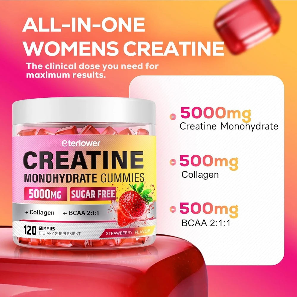 Creatine Gummies for Women 5000Mg, Complex + Collagen + Bcaas | 120 Ct Sugar Free Creatine for Women, Pre Workout Creatine Monohydrate, Gomitas De Creatina Para Mujer, Strawberry Flavor