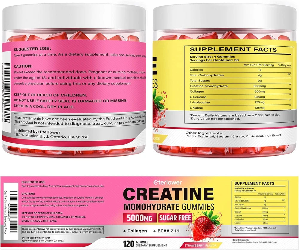 Creatine Gummies for Women 5000Mg, Complex + Collagen + Bcaas | 120 Ct Sugar Free Creatine for Women, Pre Workout Creatine Monohydrate, Gomitas De Creatina Para Mujer, Strawberry Flavor