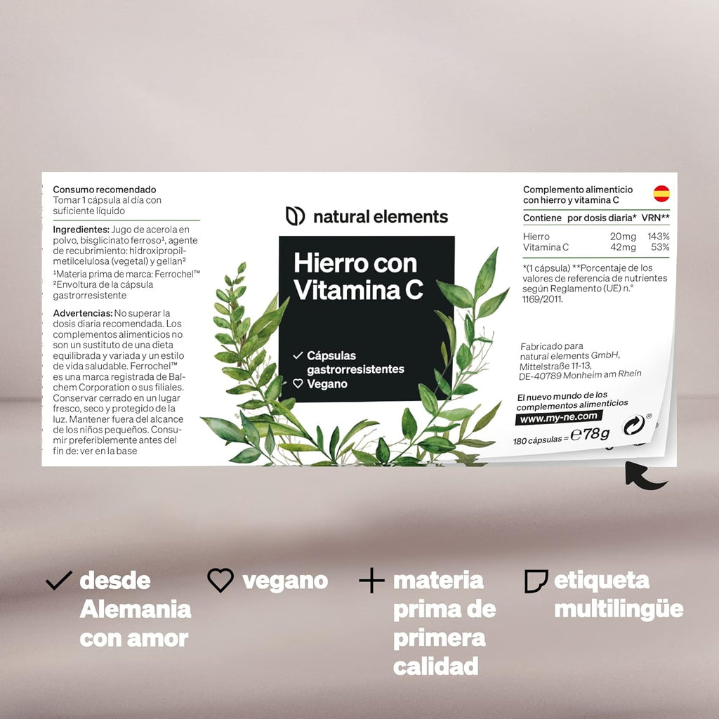 Ferrochel™ Hierro Con Vitamina C (42Mg) - 180 Cápsulas Gastrorresistentes - 20Mg De Bisglicinato De Hierro (Quelato De Hierro) - Materia Prima De Primera Calidad - Probado En Laboratorio Y Vegano